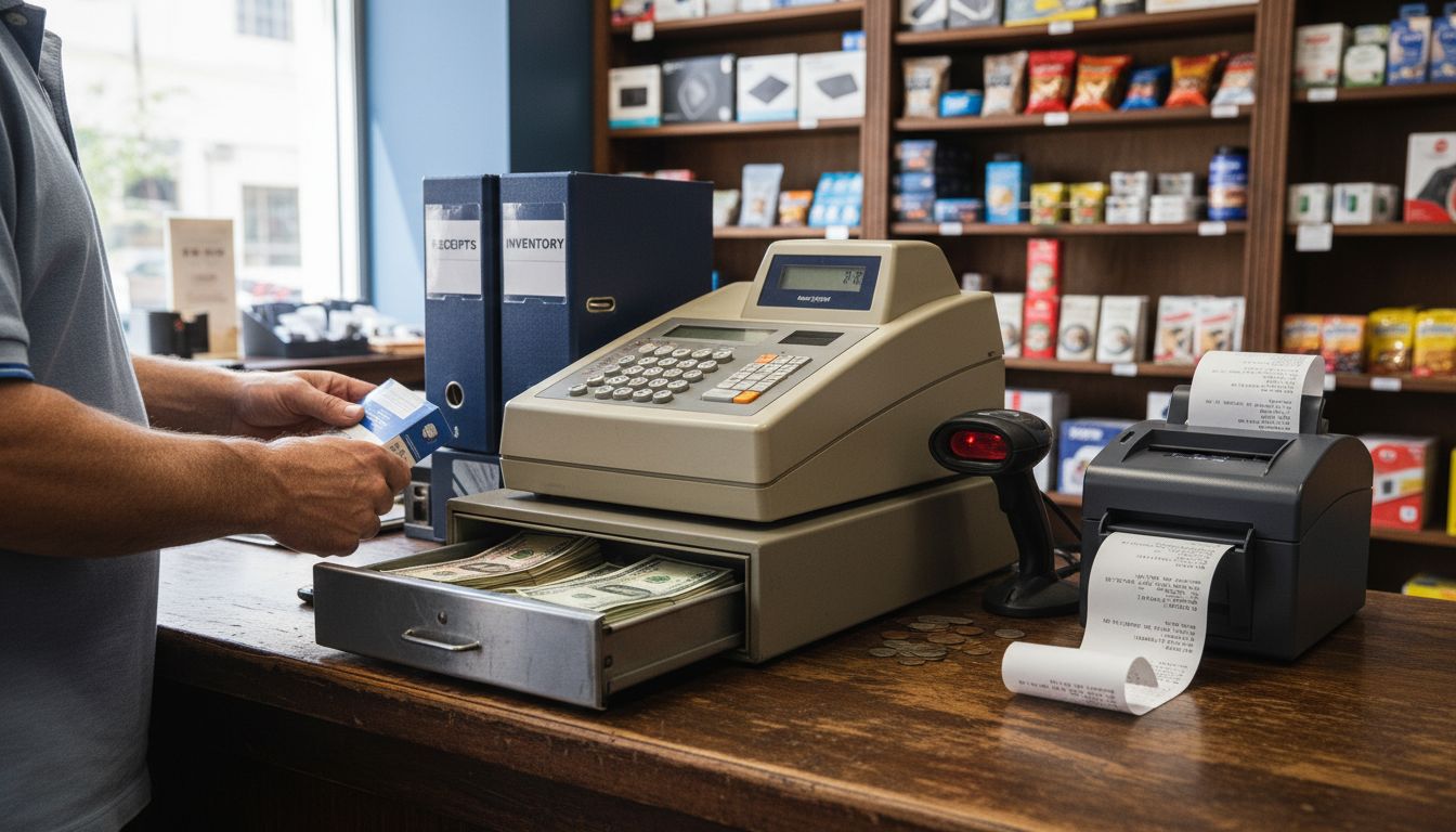 Traditional hardware-focused POS terminal at counter