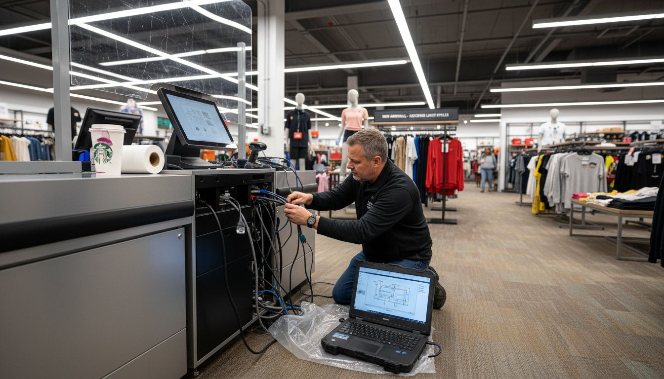 Technician installing payment systems in store