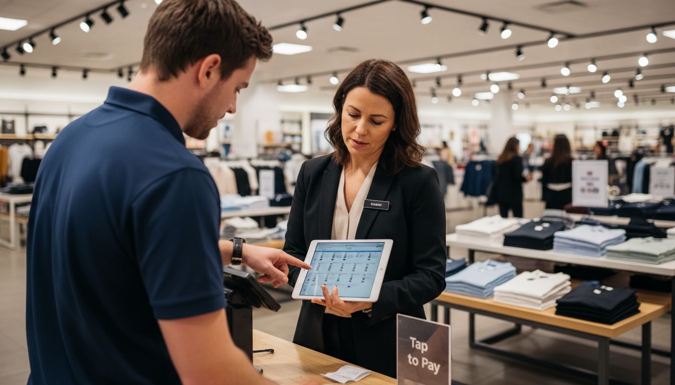 Retail staff discussing omnichannel payment setup