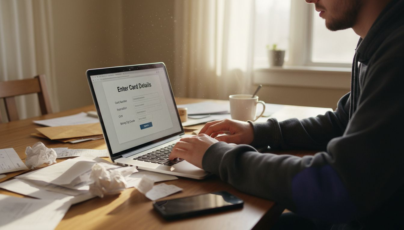 Shopper enters payment info on laptop