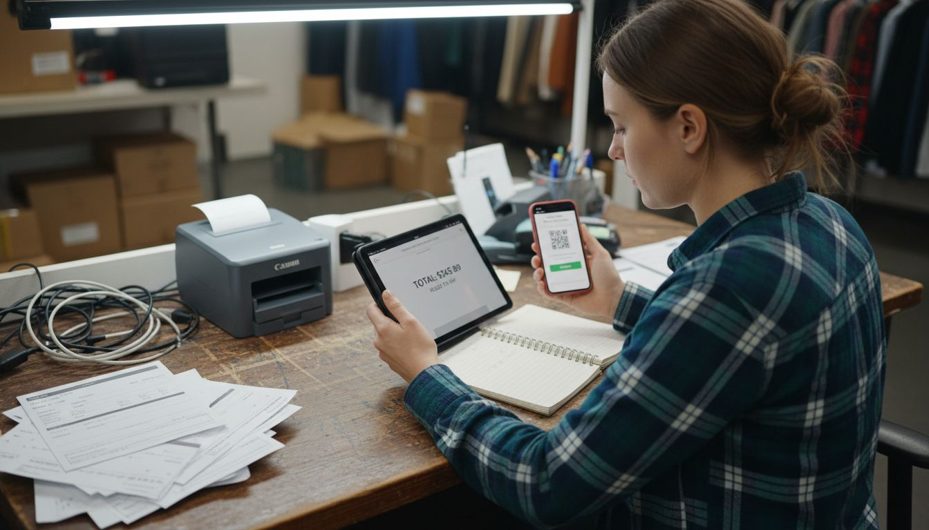 Manager setting up payment devices in office