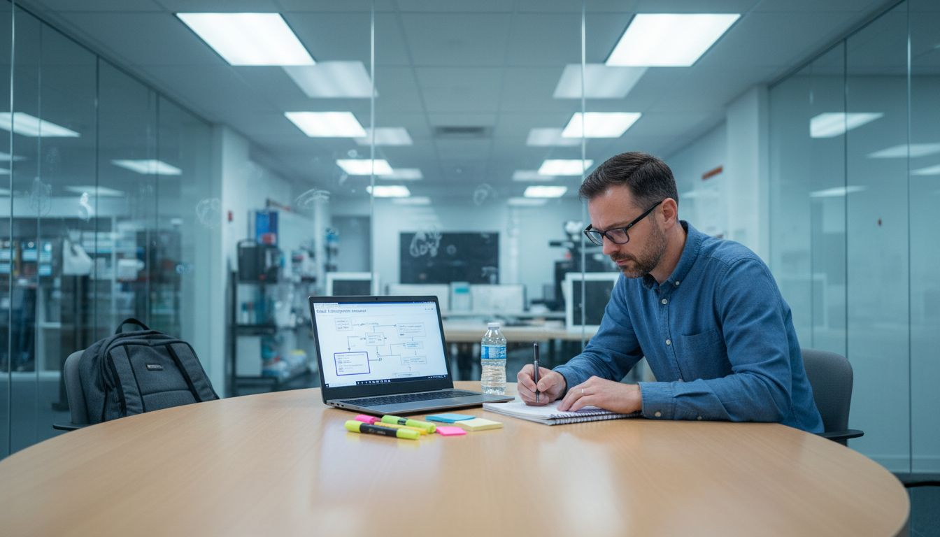 IT analyst reviewing retail system flowchart