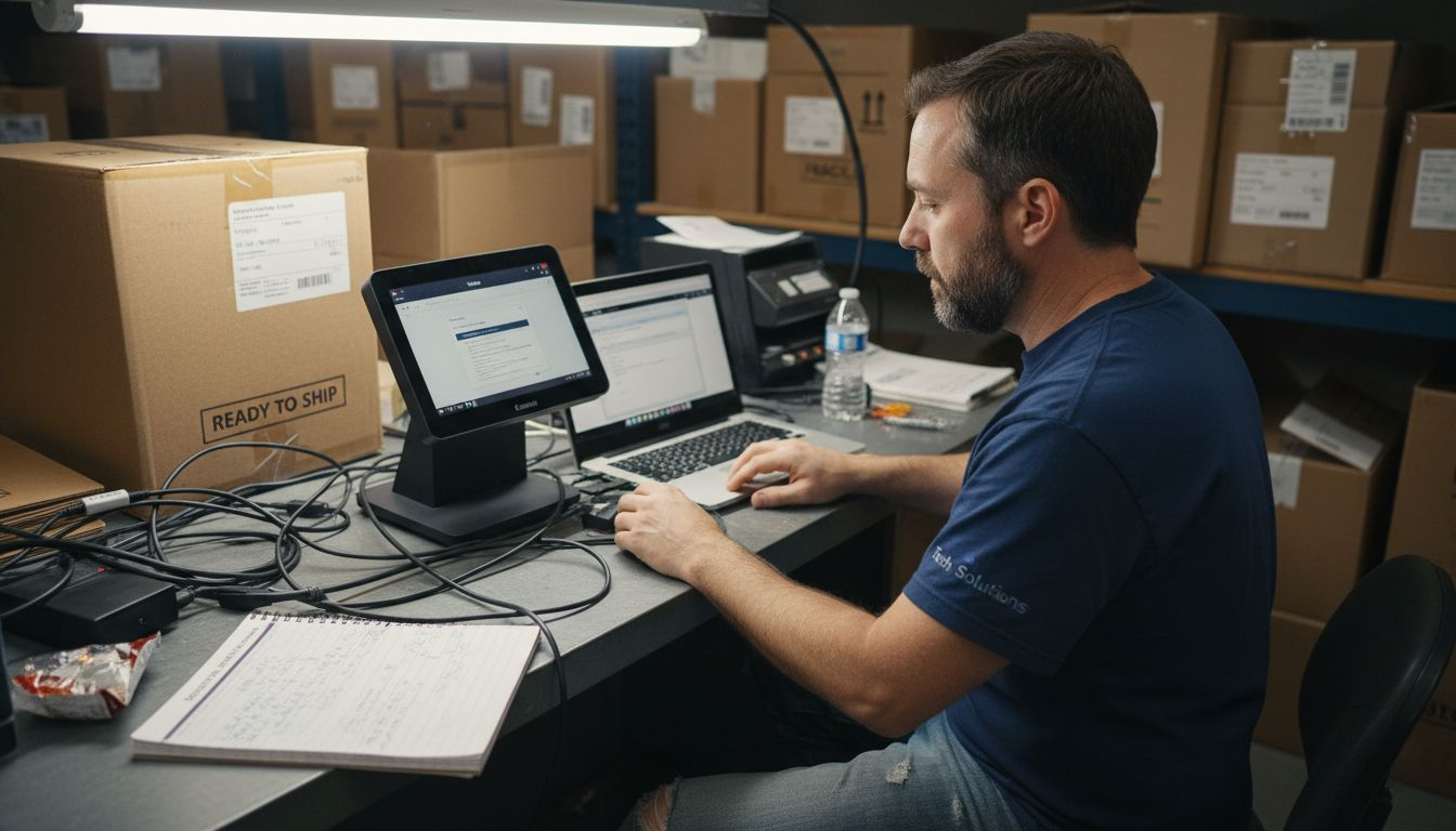 IT specialist links POS terminal to laptop