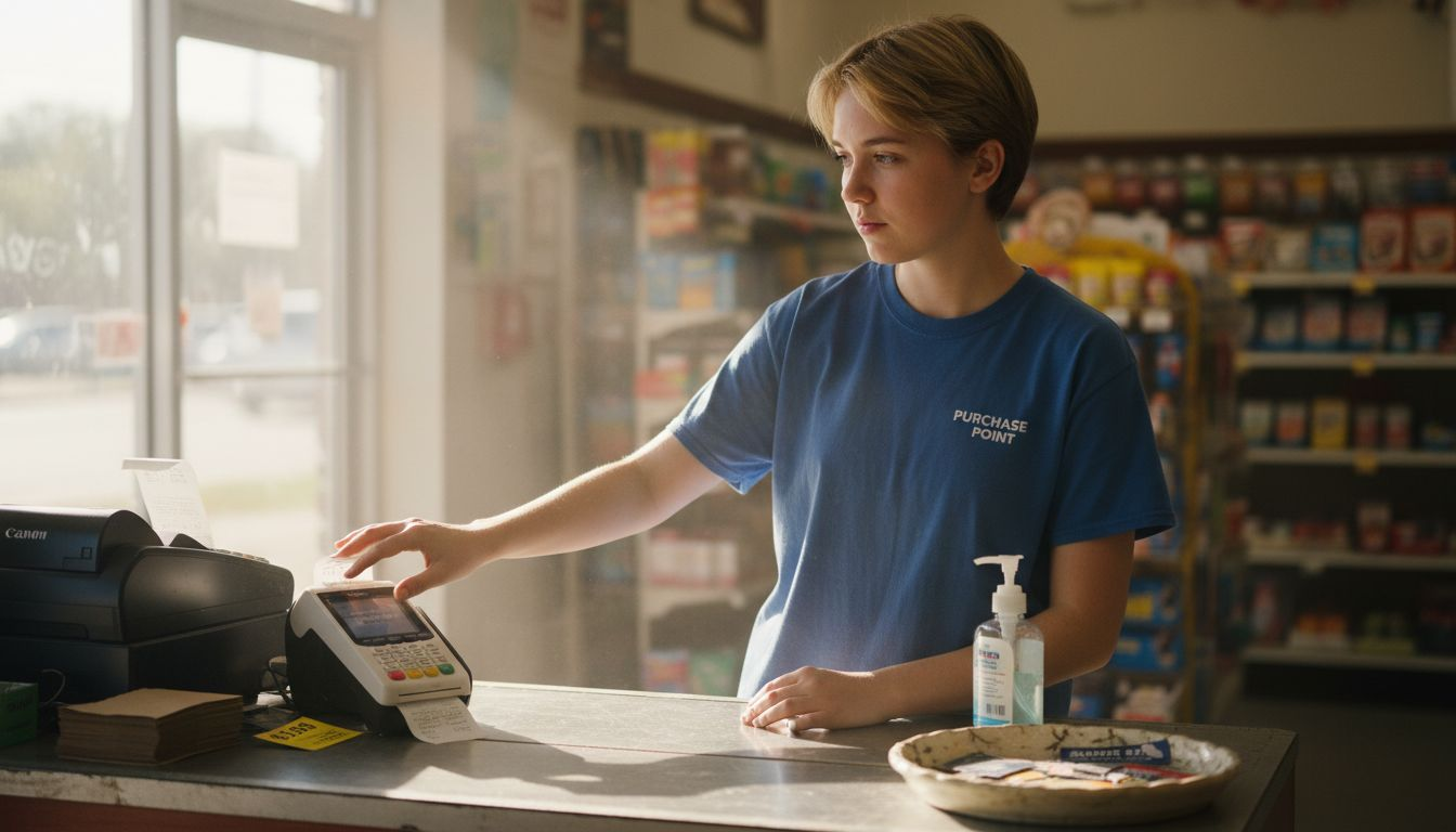 Retail worker at transaction counter using card terminal