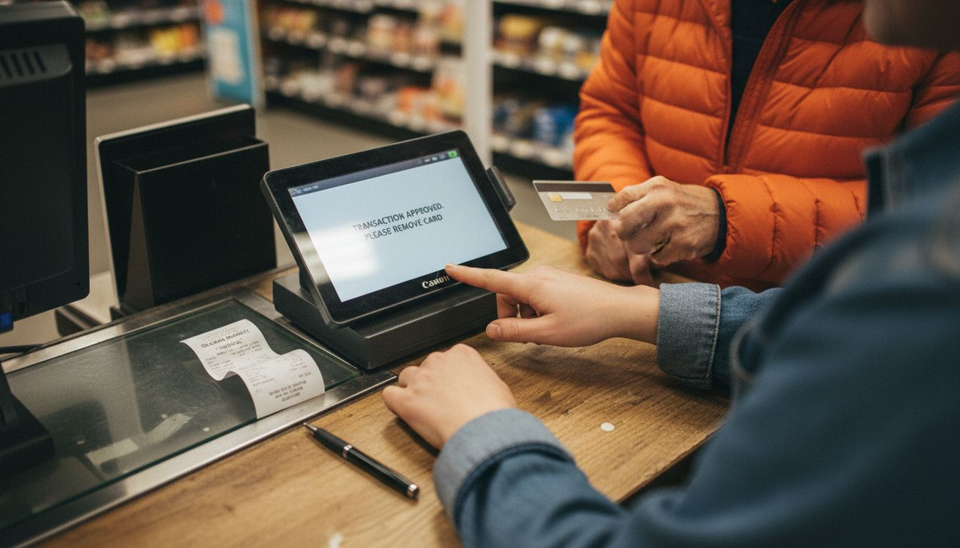Cashier processing credit card transaction at terminal
