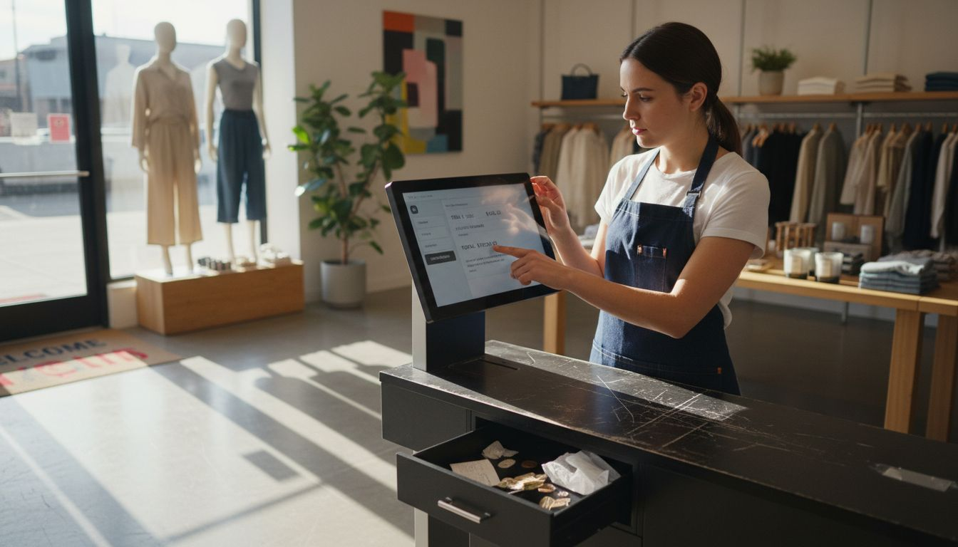 Employee testing POS system in store