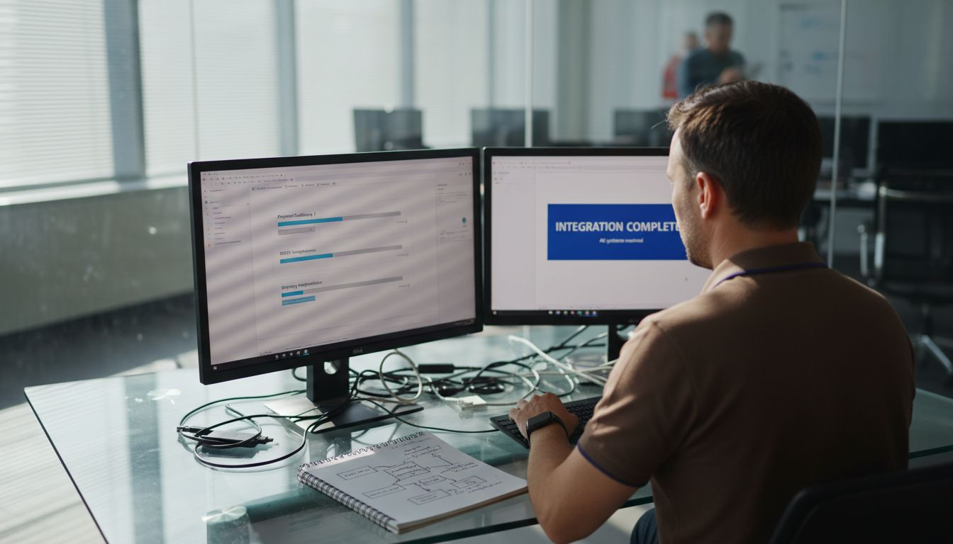 IT specialist integrating payment systems in conference room