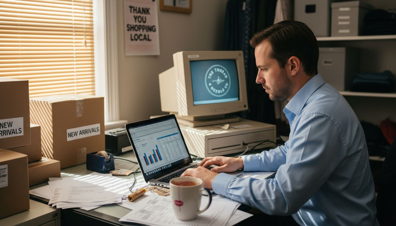 Manager working between POS and laptop stations
