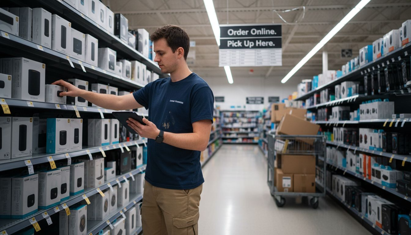 Store associate manages omnichannel orders in aisle