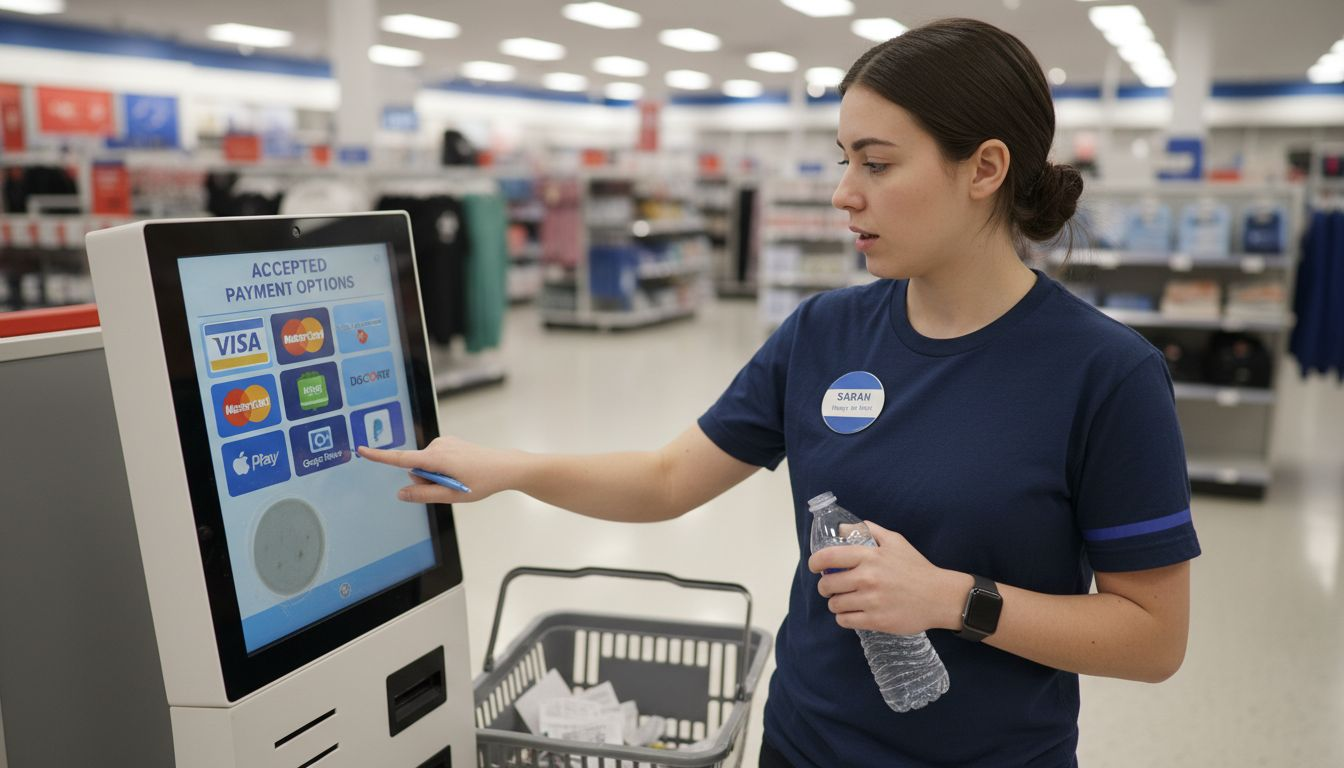 Store associate demonstrating multiple payment methods