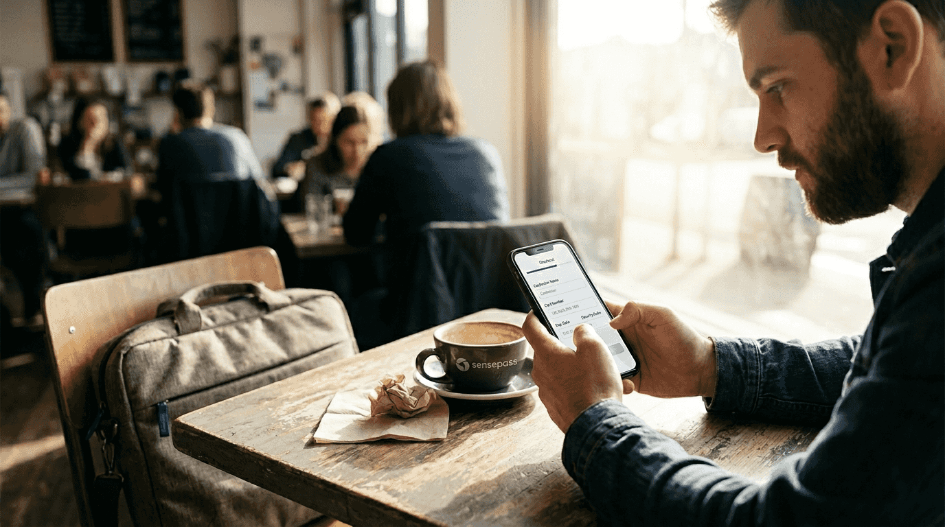 Shopper filling mobile checkout form in café