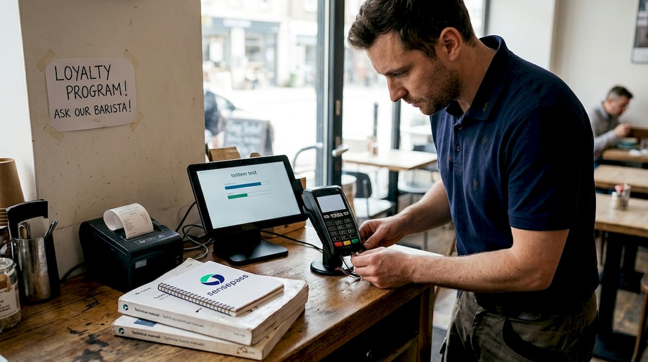 Technician integrating card reader with POS system