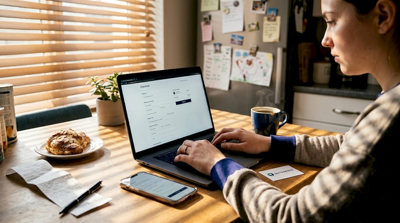 Woman completes online checkout at kitchen table