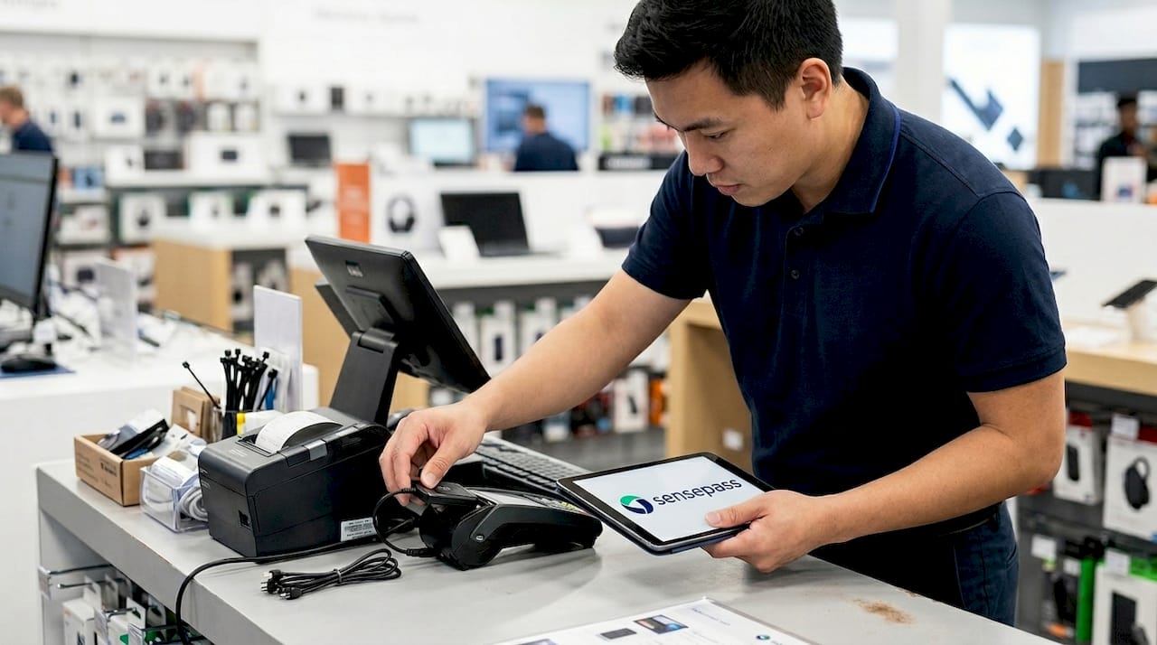 Technician troubleshooting POS terminal NFC setup