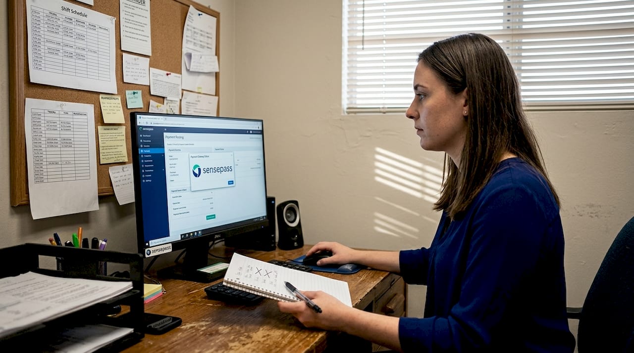 Employee managing digital payment routing in office