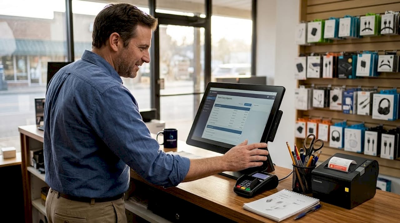 Store manager reviews integrated POS terminal