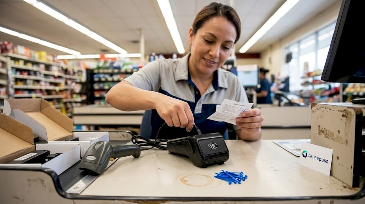 Retail worker installing NFC payment terminal