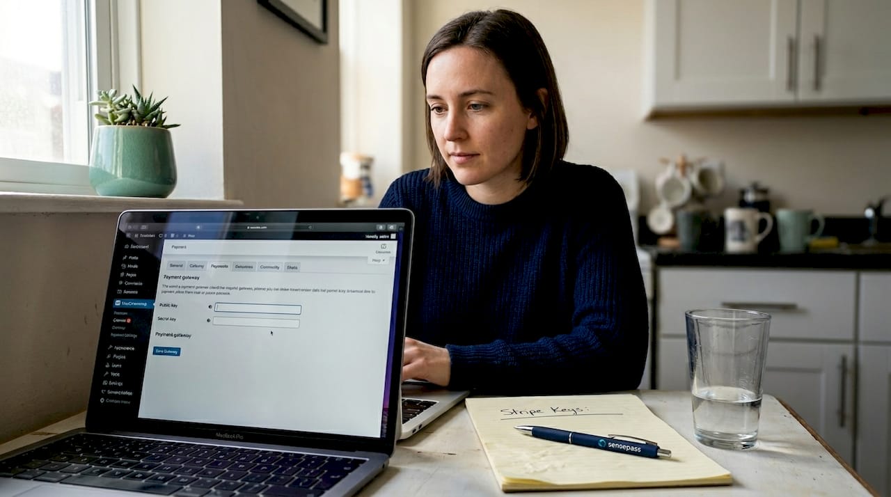 Woman entering WooCommerce payment credentials
