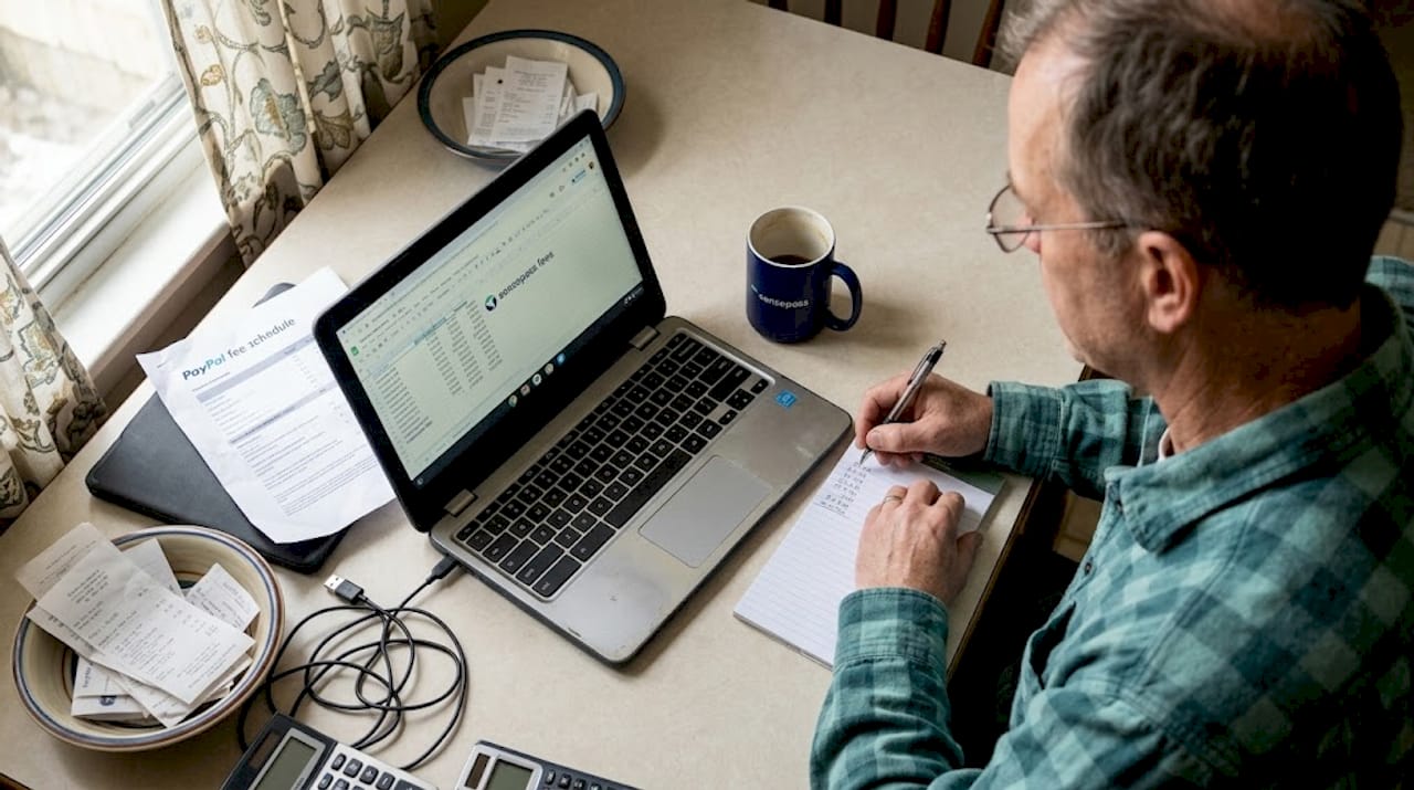 Business owner calculating PayPal fees at table