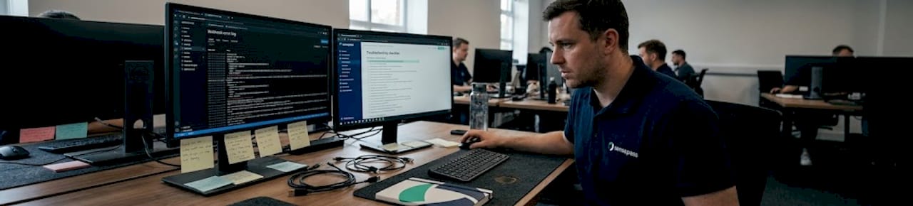 Technician reviewing Stripe webhook errors at workstation