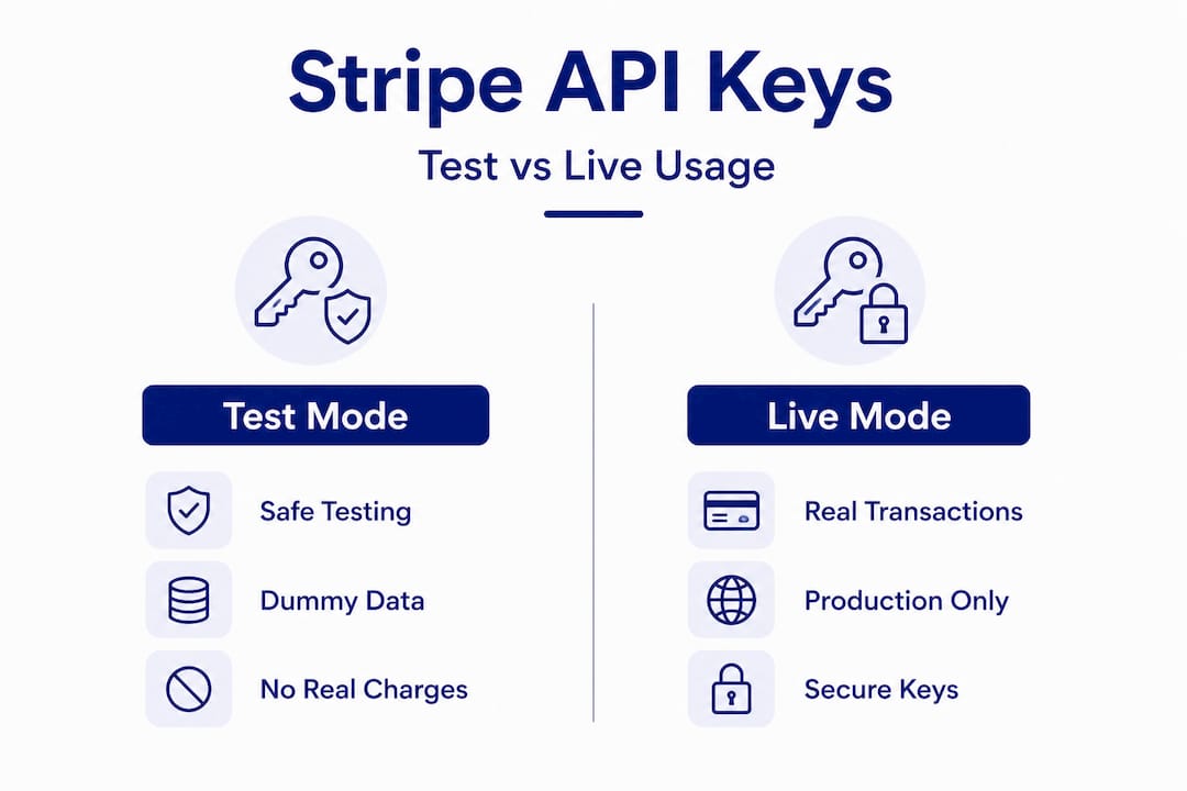 Infographic comparing Stripe API test and live keys