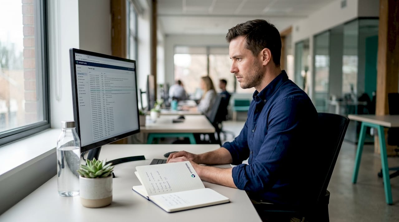 IT staff reviewing payment system logs at desk