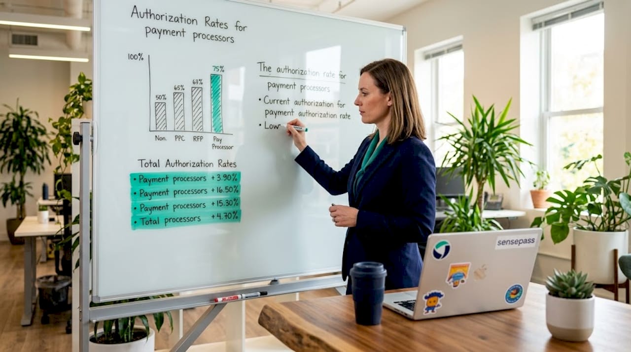 Businesswoman reviewing payment authorization metrics