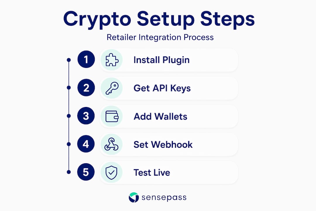 Infographic showing steps for retailer crypto payment setup