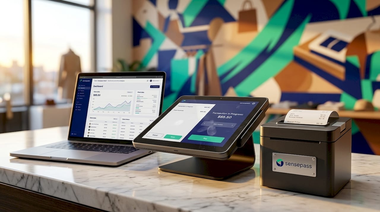 POS terminal beside ecommerce integration laptop