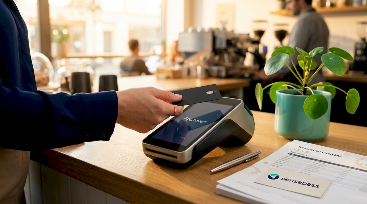 Hands tapping card on POS payment terminal