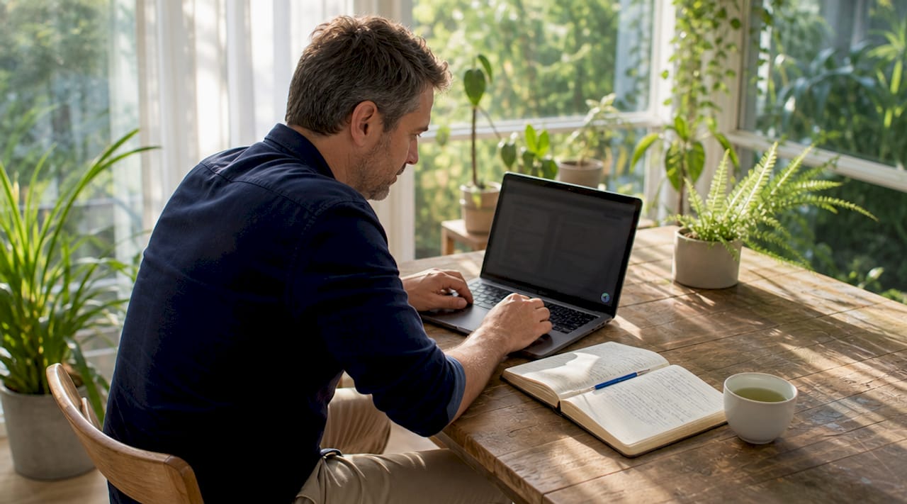 Manager reconciling payments on computer at home office