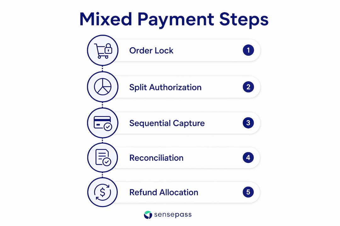 Infographic illustrating steps in mixed payment management process