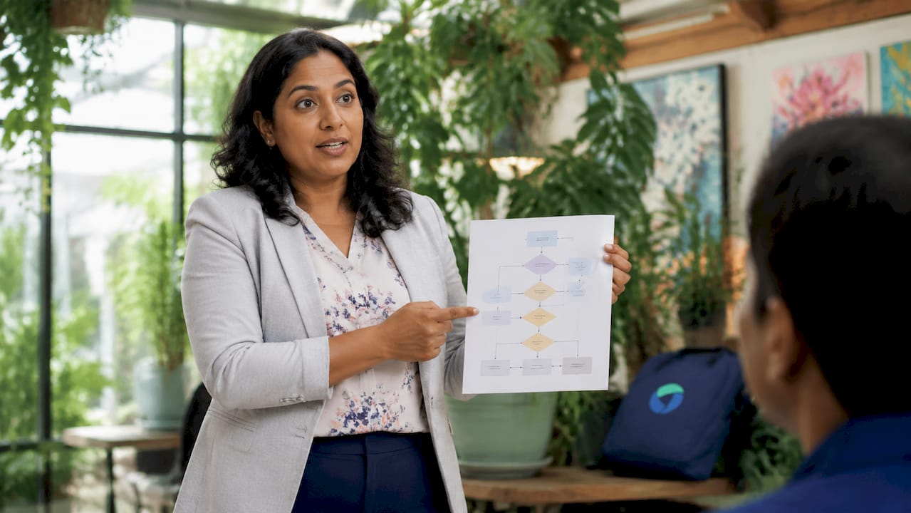 Analyst explaining stepwise checkout process