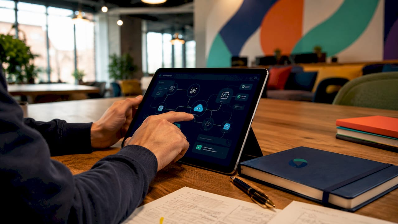 Hands typing on laptop integrating API