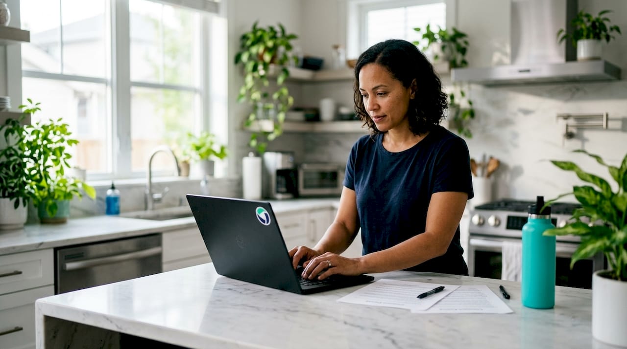 Hands typing on laptop near consent forms