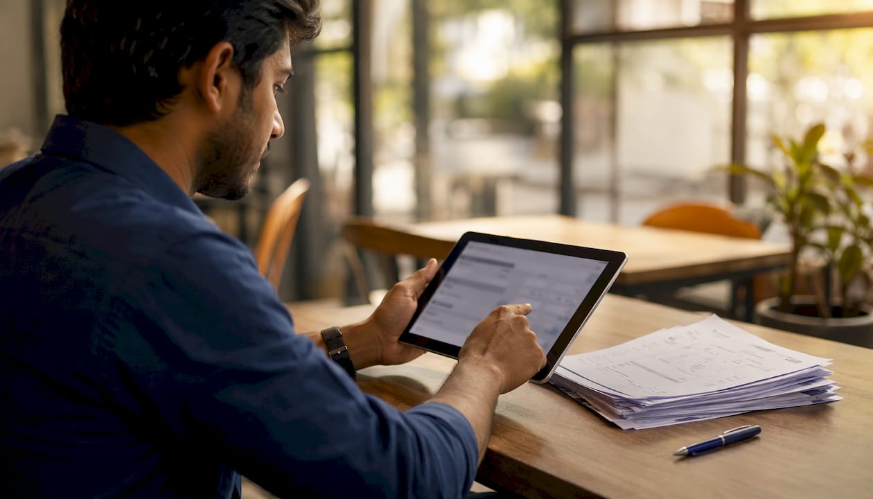 Hands with tablet using invoicing software