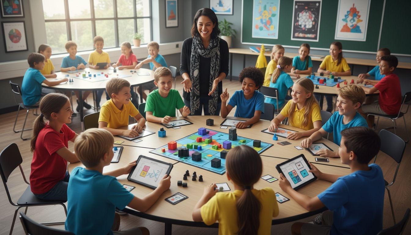 Lively classroom scene with educational game