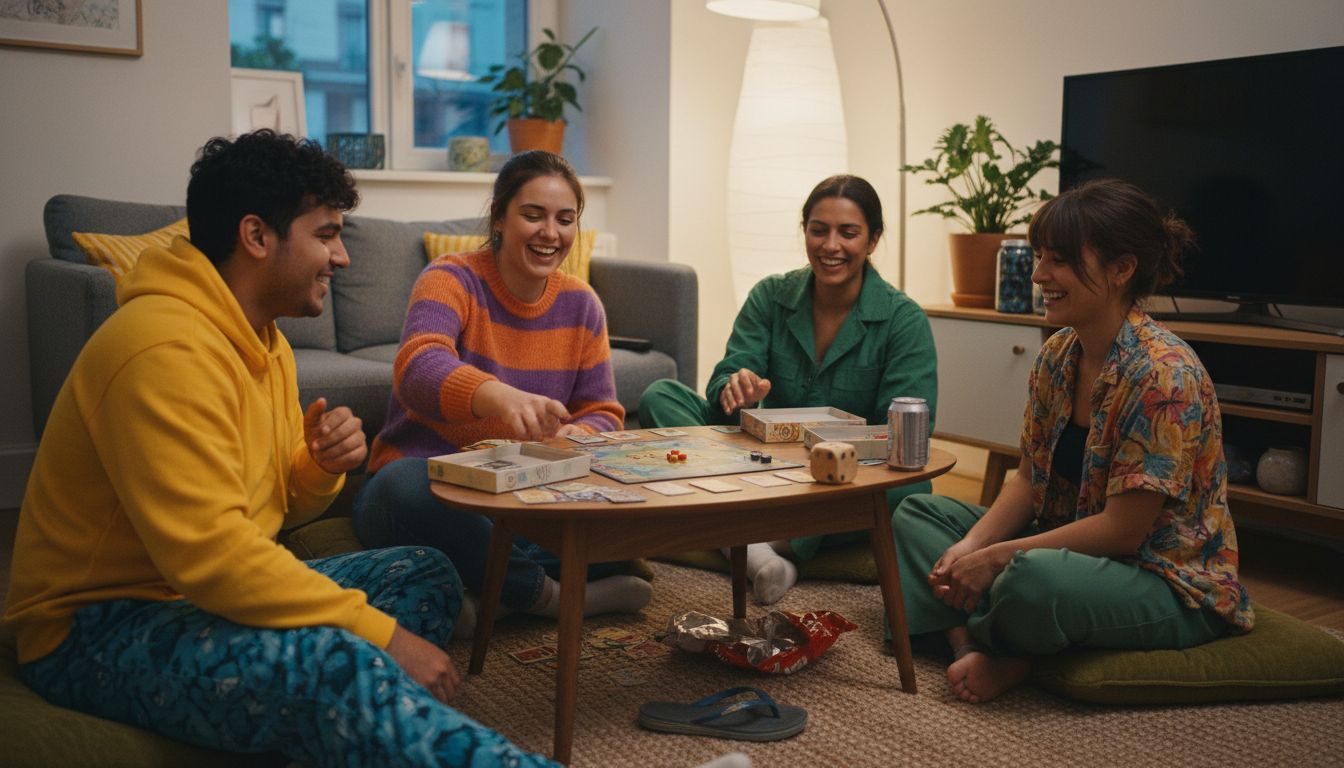 Vrienden zitten op de grond, spelen groepsspel