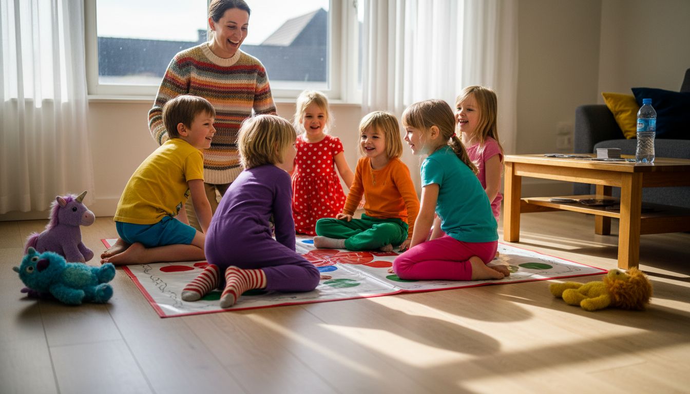 Kinderen spelen groepsspel binnenshuis met begeleiding
