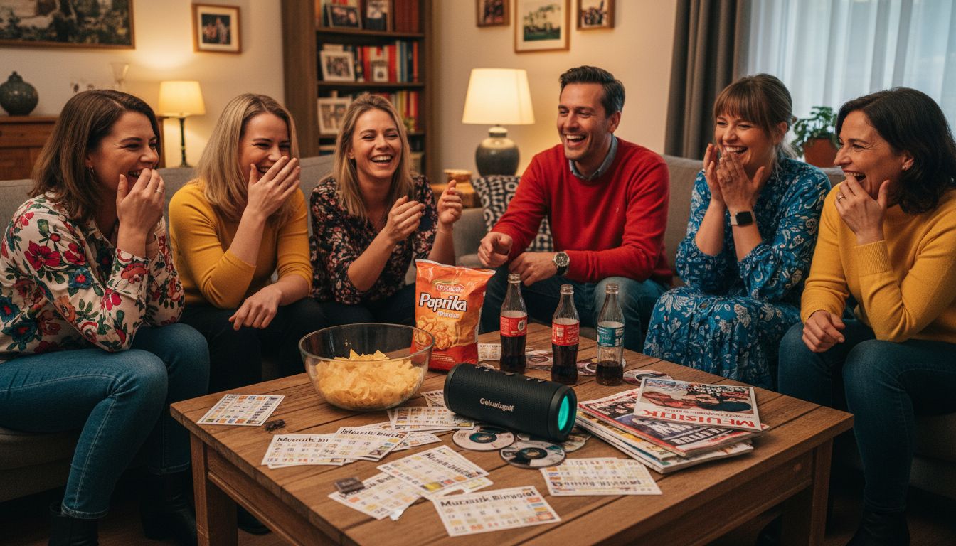 Met een groep vrienden gezellig Top2000-muziekbingo spelen op een feestje.