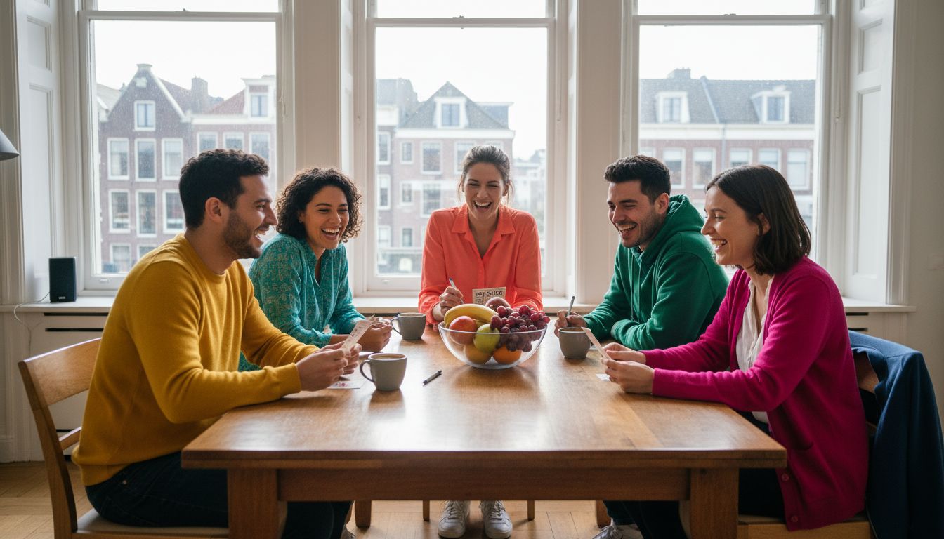Een team speelt samen een gezelschapsspel in een zonnige hoek van het kantoor.