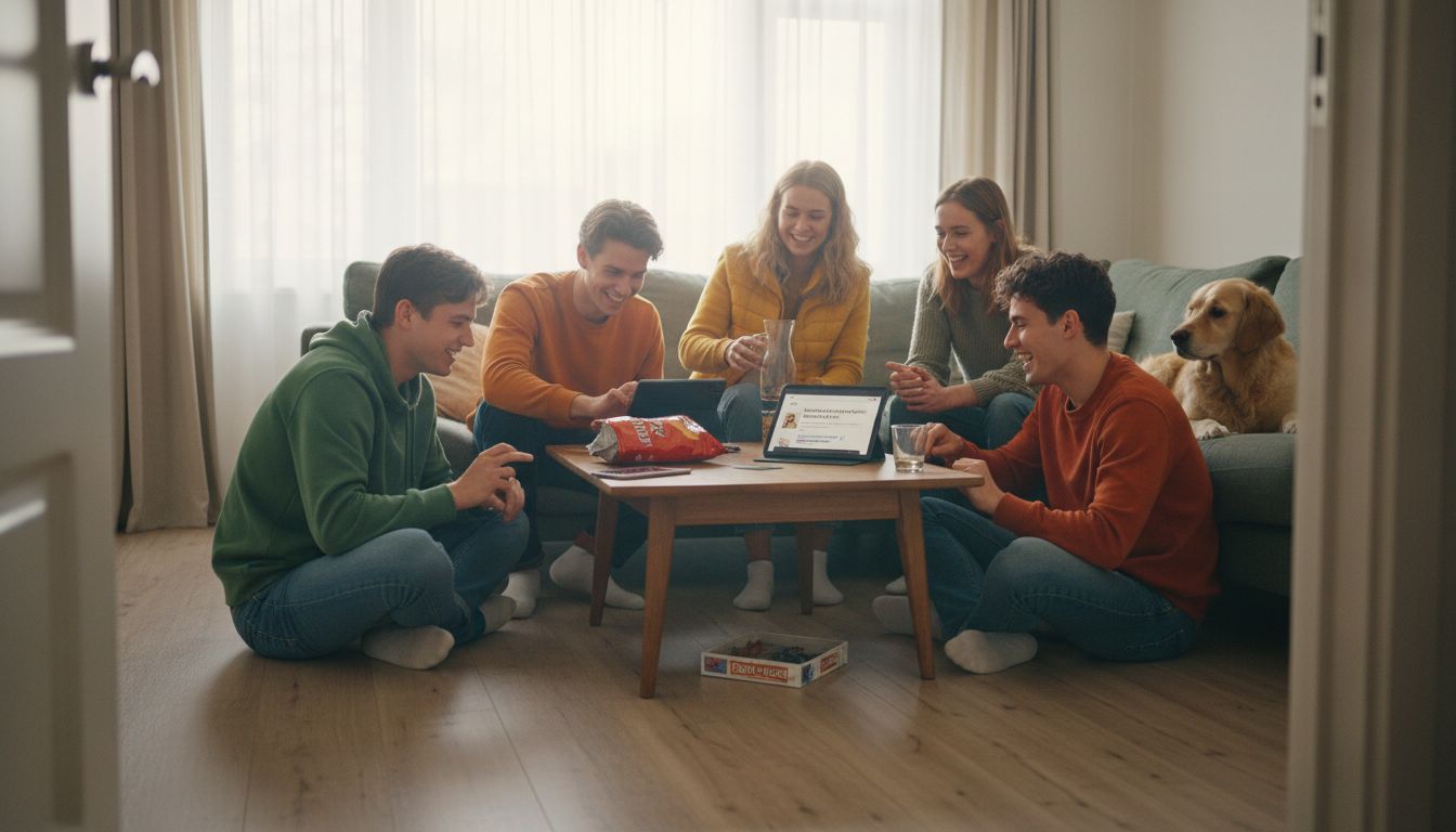 Een groep vrienden organiseert een gezellige avond met online spelletjes bij iemand thuis.