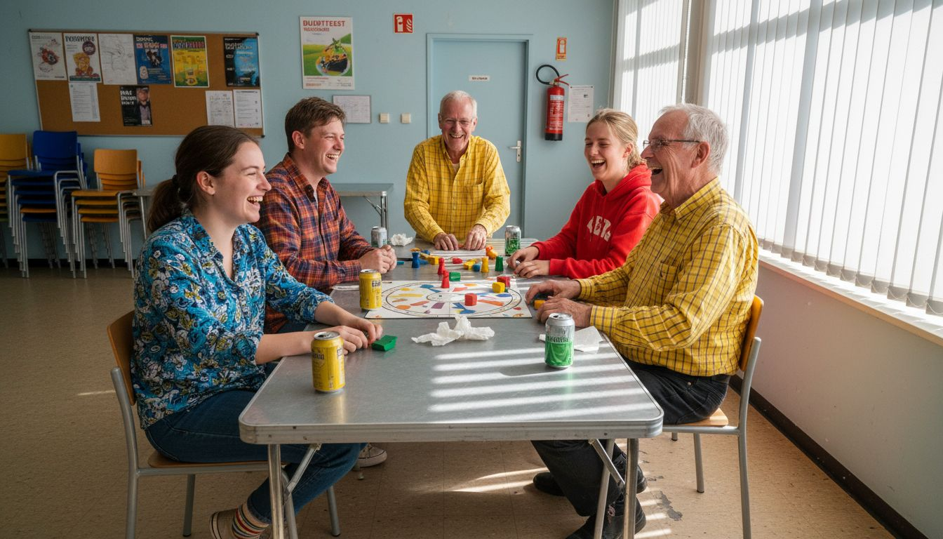 Een groep mensen van verschillende achtergronden vermaakt zich met een gezellig, eenvoudig spelletje.