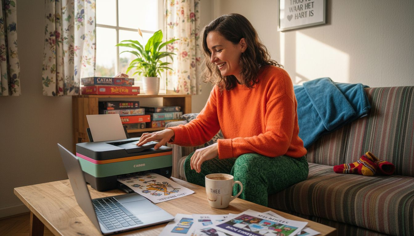 Een vrouw zit in de woonkamer allerlei printbare spelletjes uit te printen.