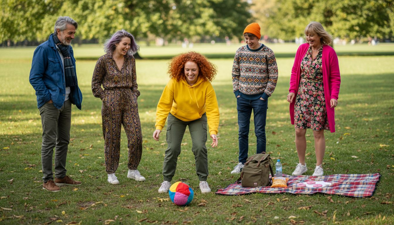 Een groep mensen is gezellig aan het spelen op het grasveld in het stadspark.