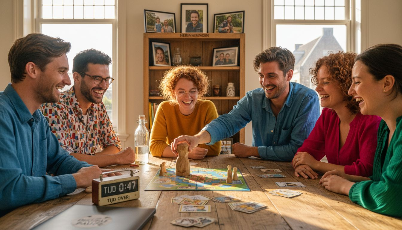 Het team op kantoor zit gezellig samen aan tafel en speelt een bordspel tijdens de pauze.