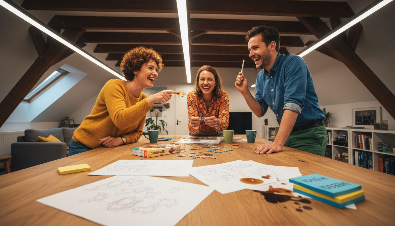 Collega’s werken samen aan het oplossen van een puzzel als teambuildingactiviteit.