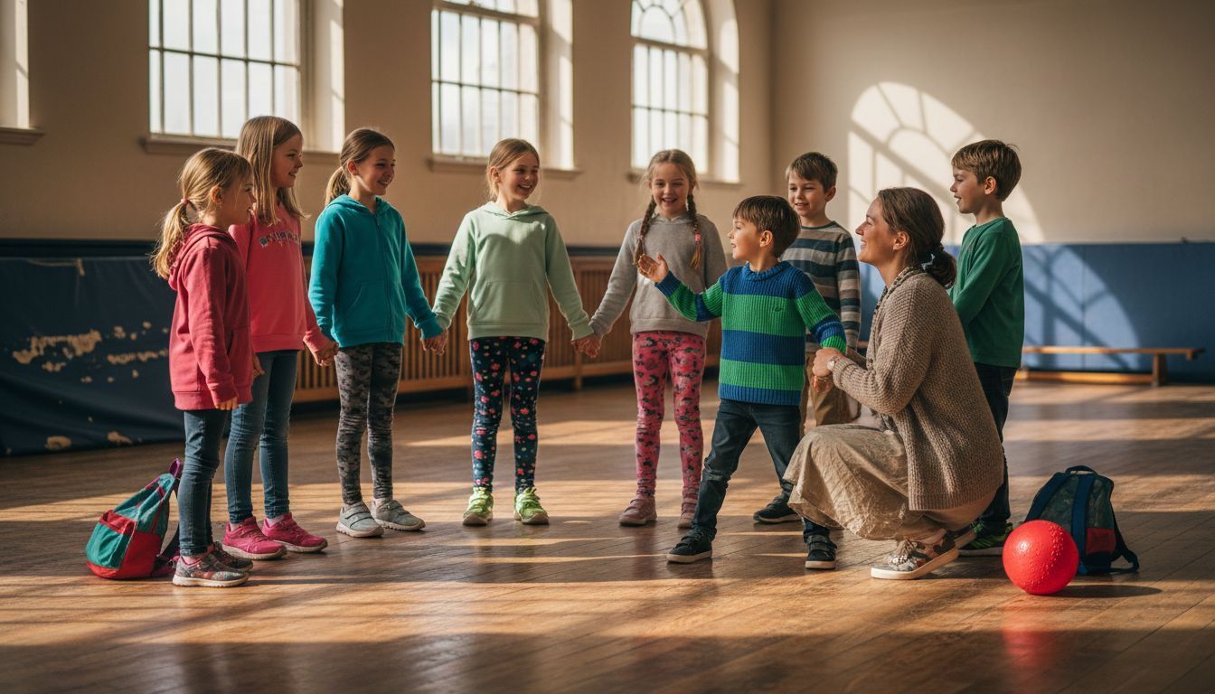 In de gymzaal doen kinderen samen met hun juf een leuk teamspel.