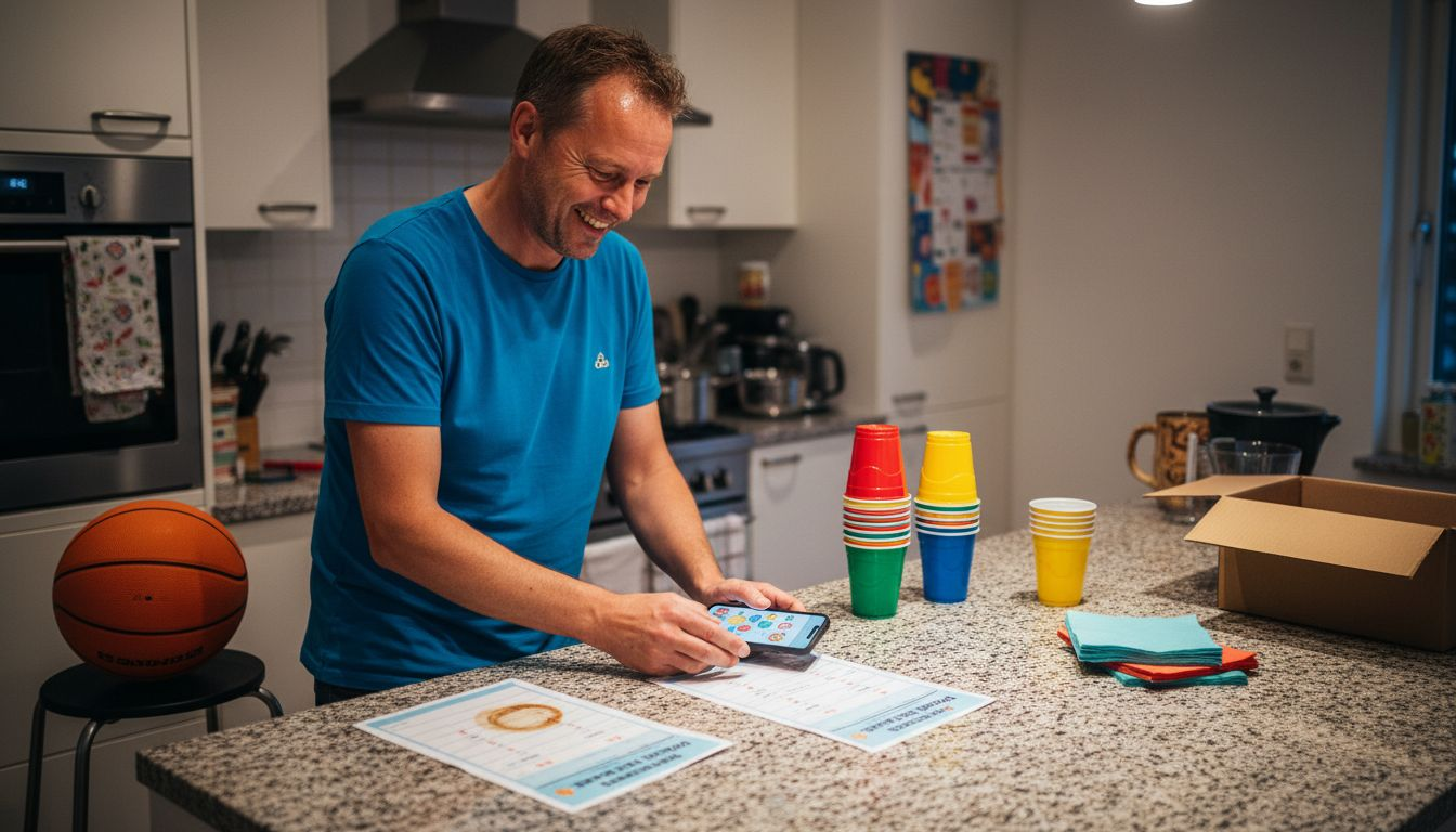 Man zet spelmaterialen klaar voor het feest in de keuken