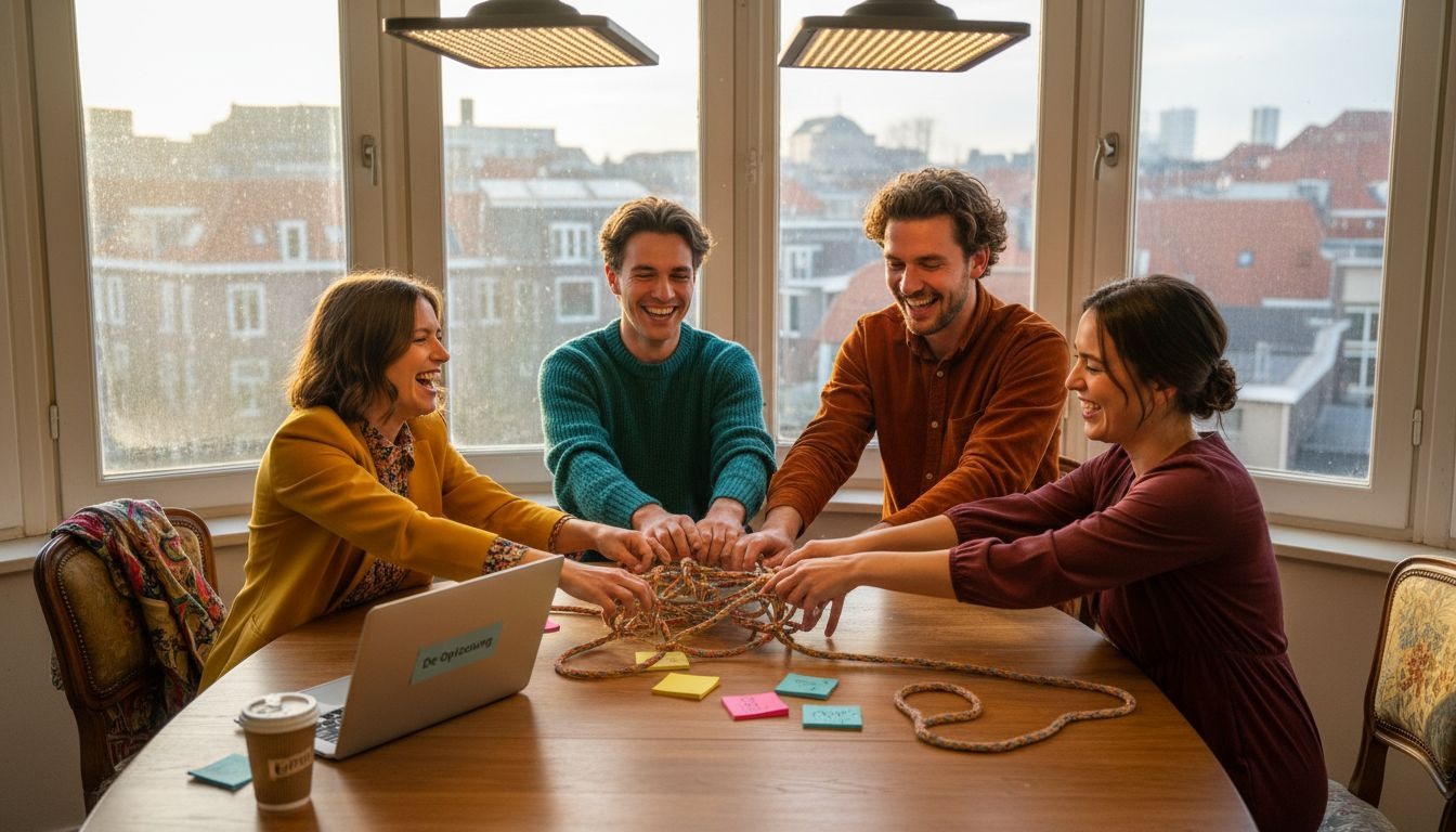 Een team op kantoor werkt samen om een uitdagende puzzel op te lossen.